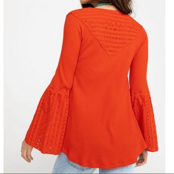 Free People Parisian Nights Bell Eyelet Sleeves Waffle Knit Thermal Top - Picture 2 of 6